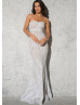 Sparkly Strapless White Sequin Floor Length Wedding Dress